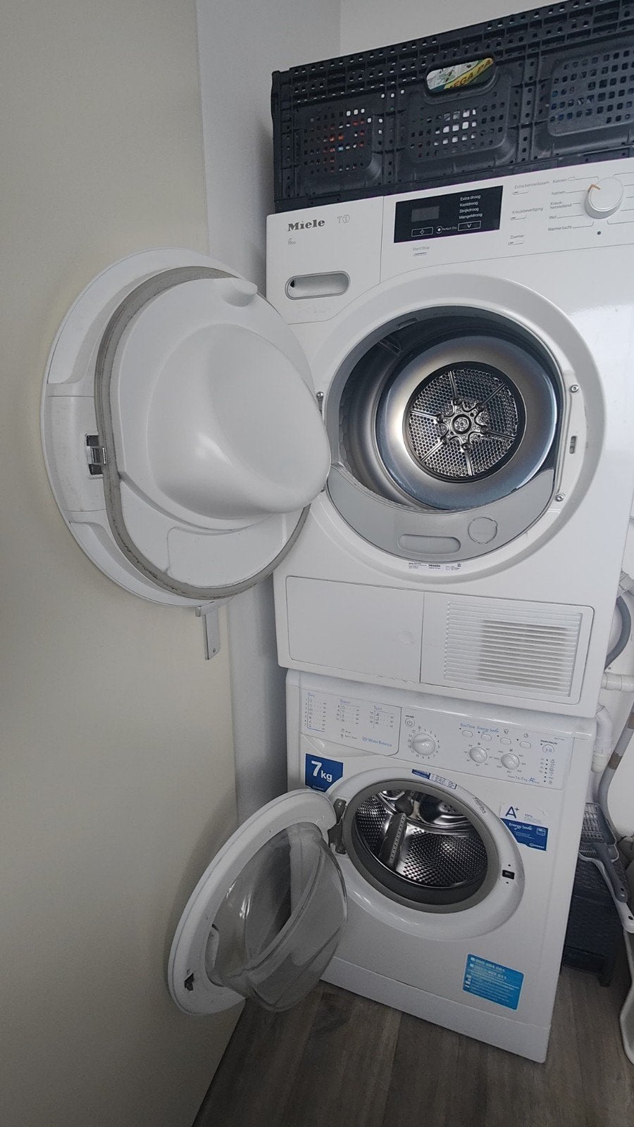 Miele T1 Eco wasdroger en Indesit 7kg wasmachine, Witgoed en Apparatuur, 6 tot 8 kg, Ophalen, Gebruikt, 85 tot 90 cm