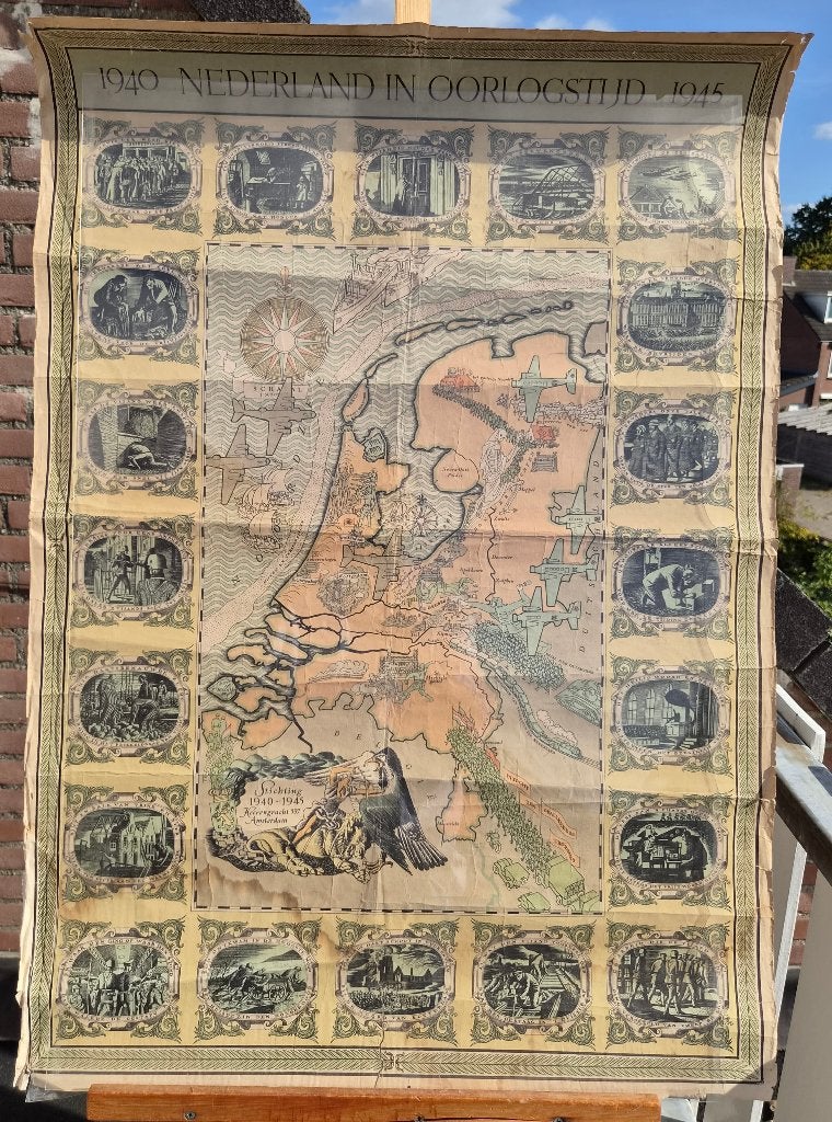 Frans Meyer "1940 Nederland in Oorlogstijd 1945" 1947 kaart, Antiek en Kunst, 70 cm, Cartografie, Ophalen of Verzenden, Lithografie