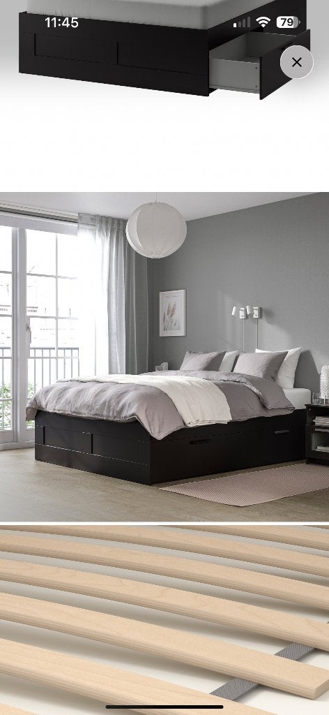 BRIMNES bed 140x 200cm met opbergruimte en Wellpur matras, Ophalen, Zwart, Tweepersoons, 140 cm