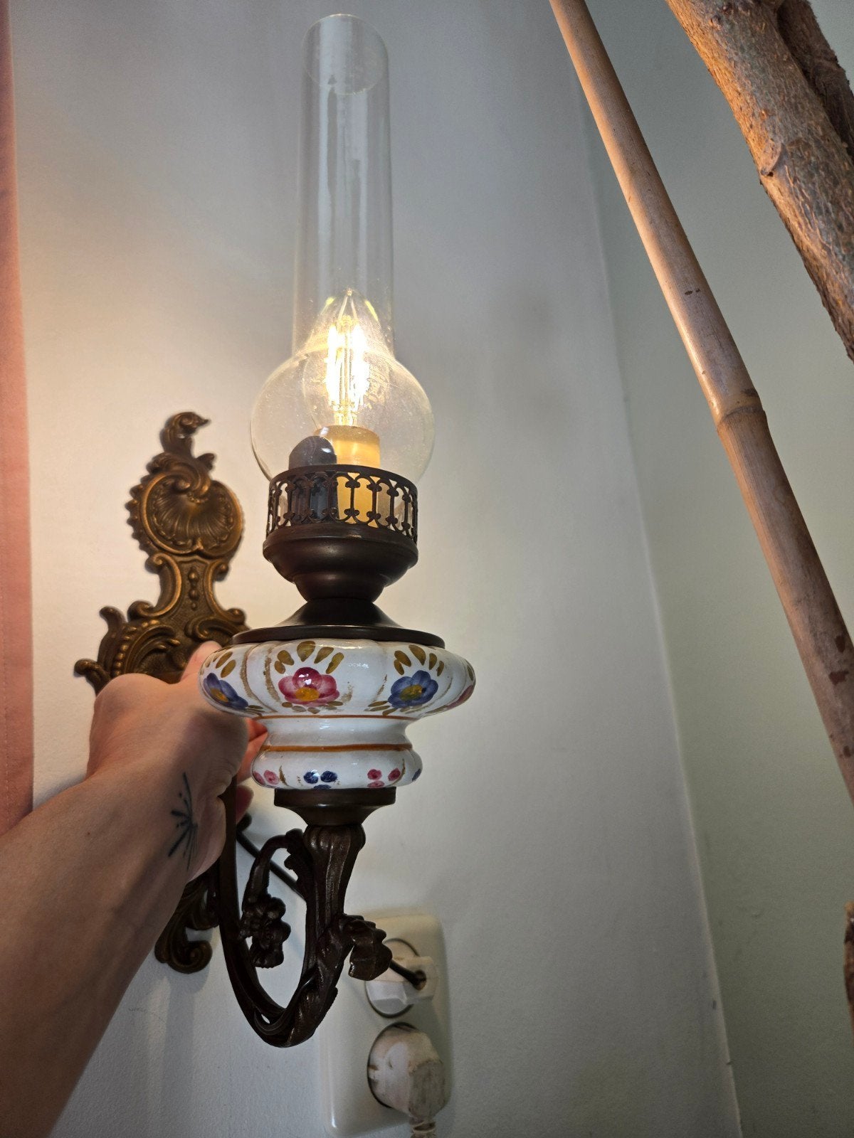 Antieke Barok Messing Bronzen Wandlamp - Olie Lamp Stijl, Ophalen of Verzenden