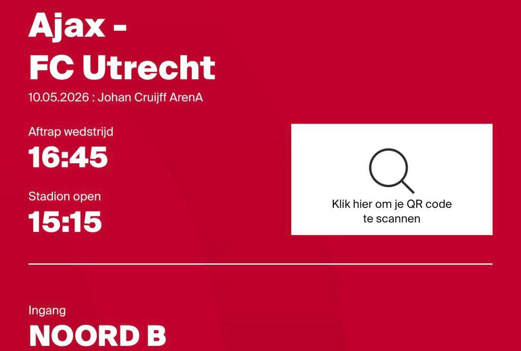 Ajax - Utrecht 2 tickefs naast elkaar vak 113, Twee personen, Mei