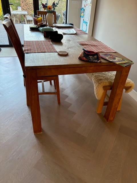 Teak tafel 2m bij 1m incl stoelen en bankje, Huis en Inrichting, Gebruikt, 200 cm of meer, Rechthoekig, 50 tot 100 cm