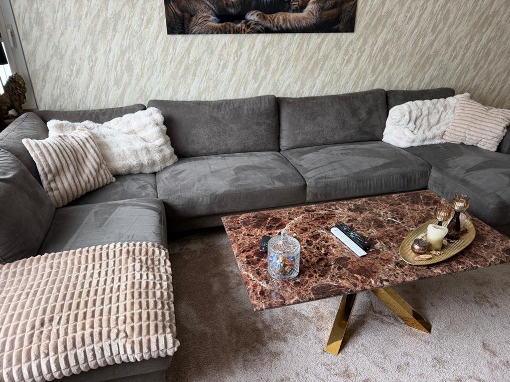 Ruime en comfortabele hoekbank - Grijs/ bruin stof, Ophalen, Gebruikt, Stof
