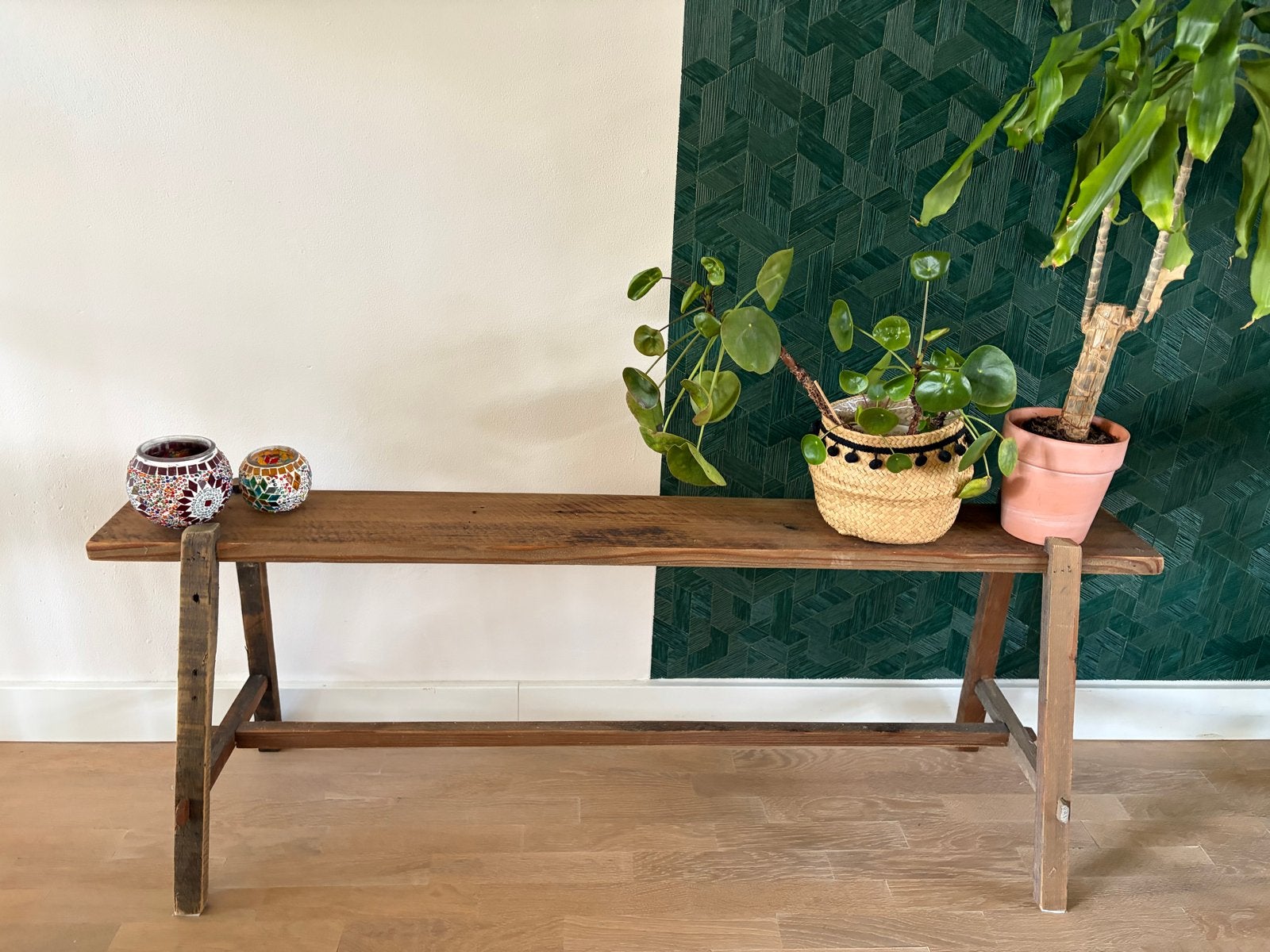 Decoratie bankje / side table/ plantenstandaard, Huis en Inrichting, Ophalen, 100 tot 150 cm, Zo goed als nieuw, Overige houtsoorten