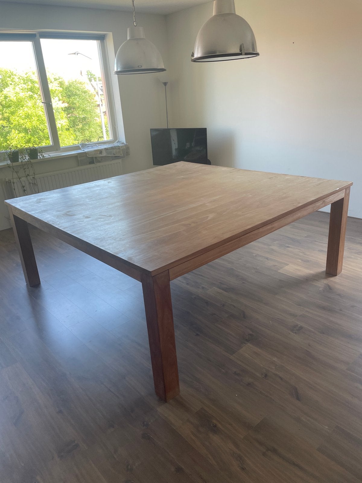 Grote teakhouten eettafel 200x200cm, Ophalen, Gebruikt, Vijf personen of meer, 200 cm of meer