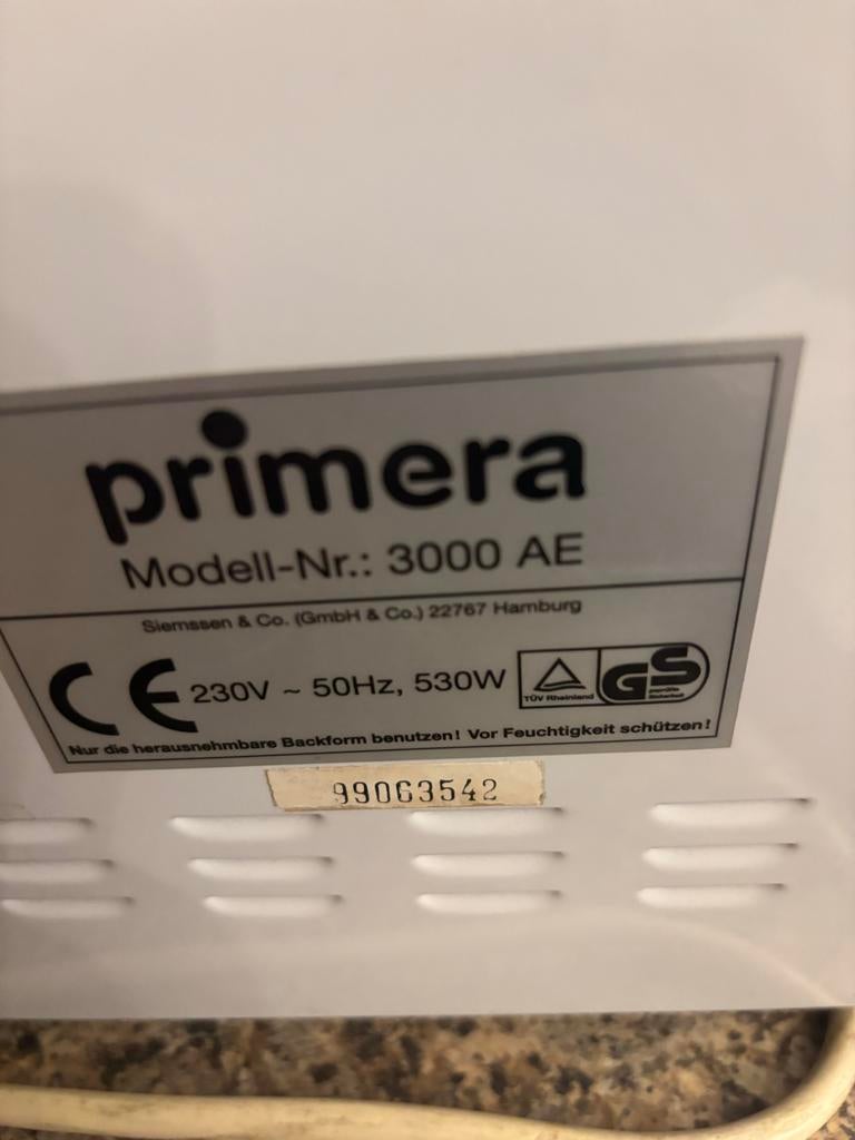 Primera 3000 AE Broodbakmachine - Zo goed als nieuw, Witgoed en Apparatuur, Met timer, 800 tot 1200 gram deeg, Ophalen of Verzenden