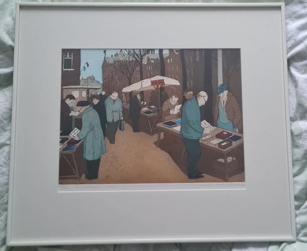 Willy Belinfante - De Postzegelmarkt (Ets/Aquatint), Dagelijks leven, Ingelijst, Ophalen of Verzenden, 1950 - 1999