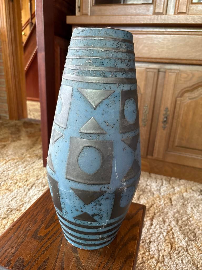 Vintage West Germany Keramiek Vaas - Blauw met Geometrische, Ophalen of Verzenden