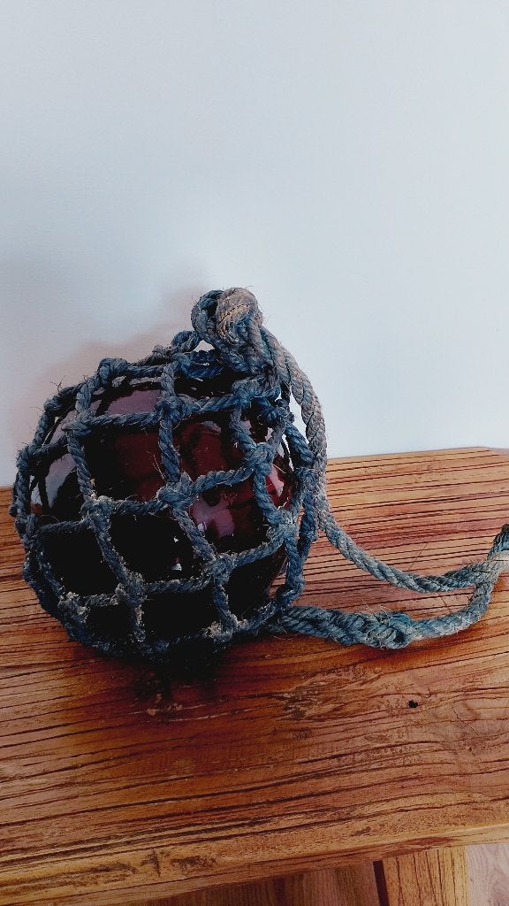 Vintage macrame glazen visnet drijver groot robuust model, Ophalen of Verzenden