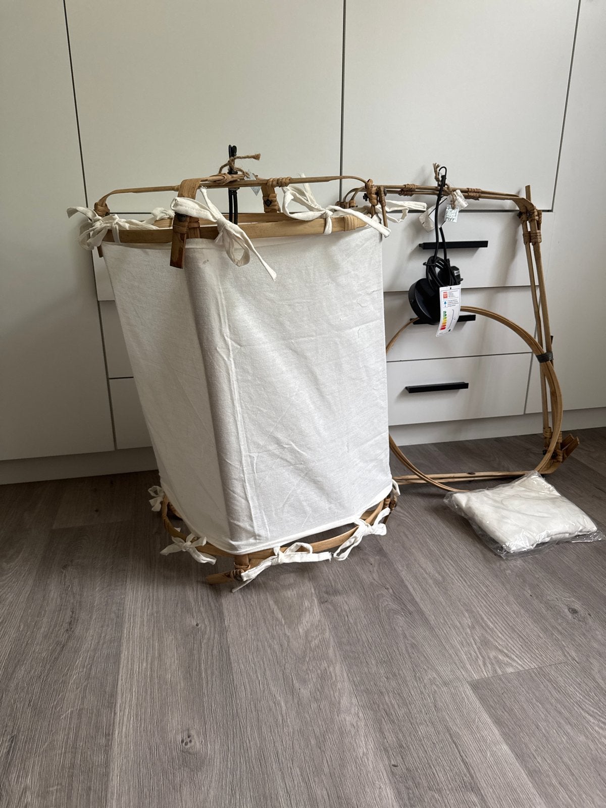 2 Bamboe lampenkappen met stoffen bekleding, Overige materialen, Minder dan 50 cm, Ophalen of Verzenden, Zo goed als nieuw