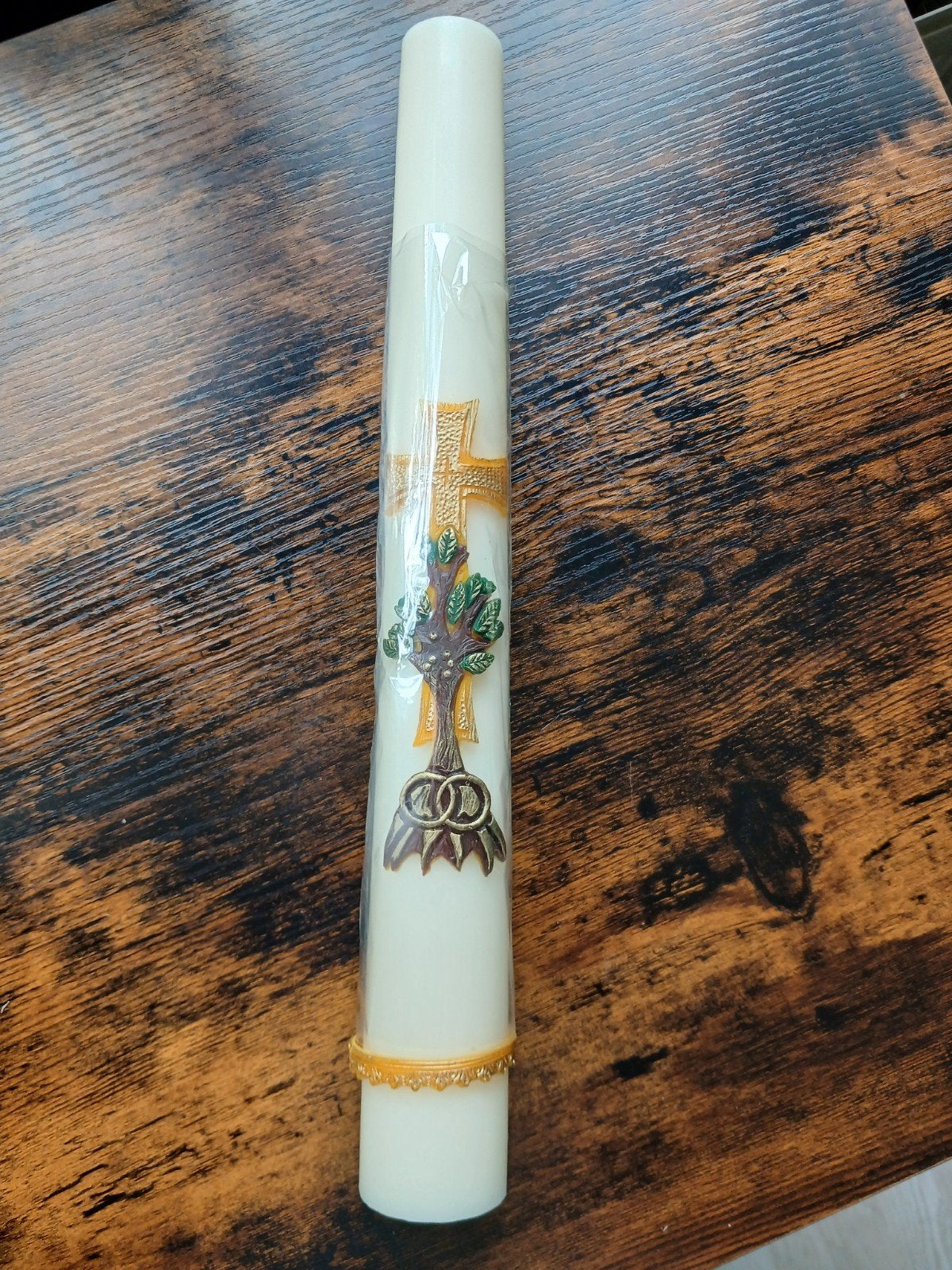 Communiekaars met kruis, boom en ringen, Wit, Ophalen of Verzenden, Kaars, Was