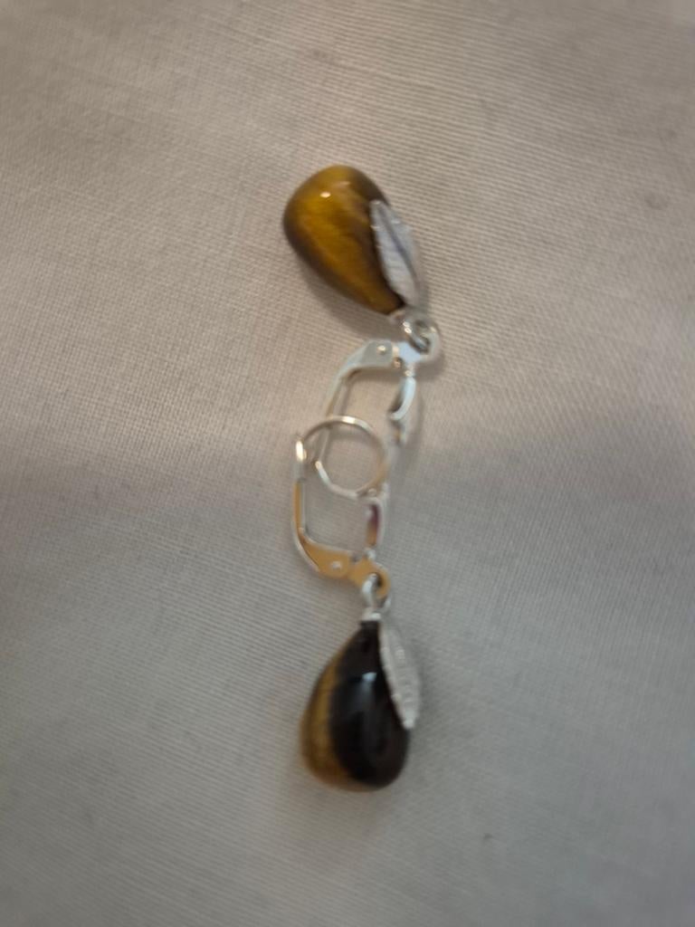 Nieuwe Zilveren Oorbellen met Tijgeroog Hangers, Sieraden, Tassen en Uiterlijk, Hangers, Bruin, Nieuw, Ophalen of Verzenden