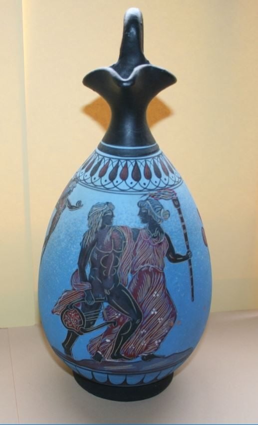 Prachtige griekse handbeschilderde vaas 25 cm, Handgemaakt, Blauw, Ophalen of Verzenden, Zo goed als nieuw