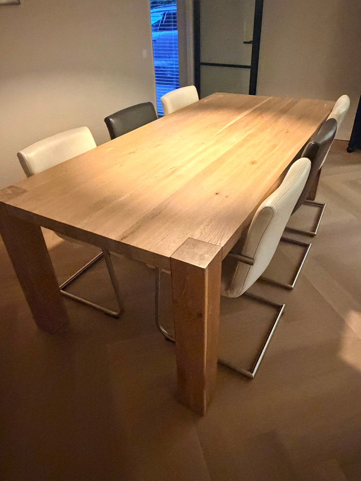 Licht houten eettafel met 6 stoelen 2.20m-1m, Ophalen, Gebruikt, Eikenhout, 200 cm of meer