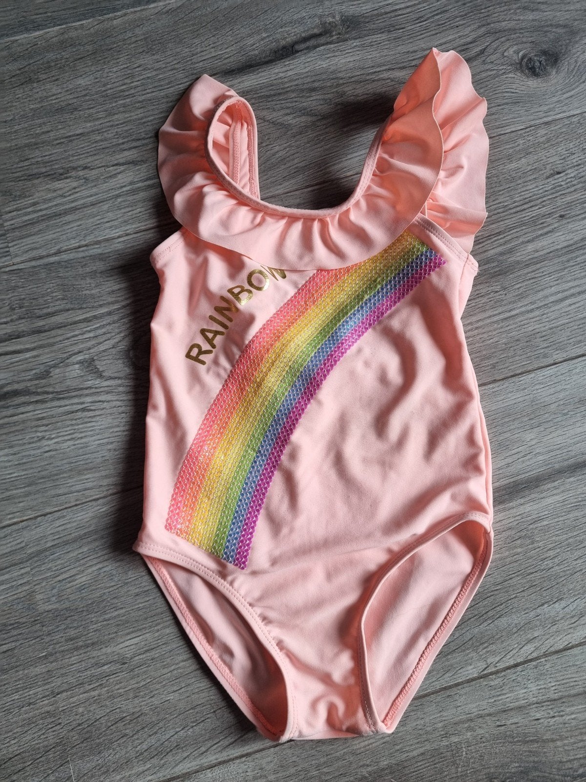 Zwempak roze regenboog mt 110, Gebruikt, Meisje, Badpak, Ophalen of Verzenden