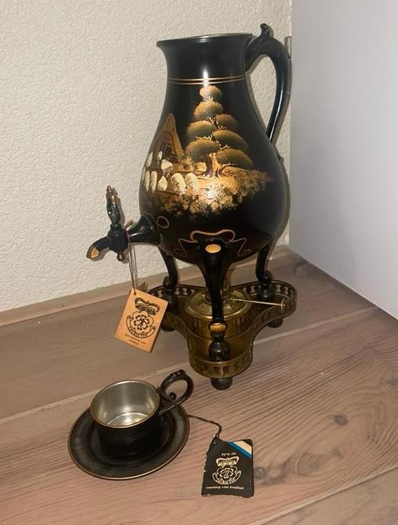 Tinnen kraantjeskan ‘DHS Gelria Tin’ met kopje en brander, Antiek en Kunst, Ophalen of Verzenden