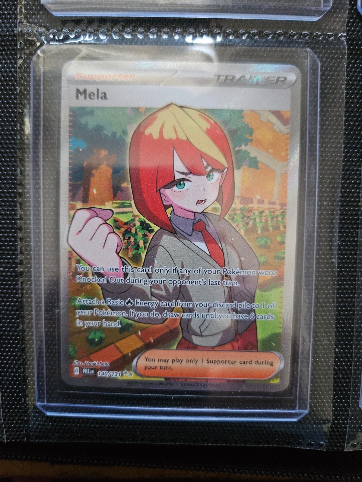 Pokemon Mela 140/131 Prismatic Evolutions, Ophalen of Verzenden, Zo goed als nieuw, Losse kaart, Foil