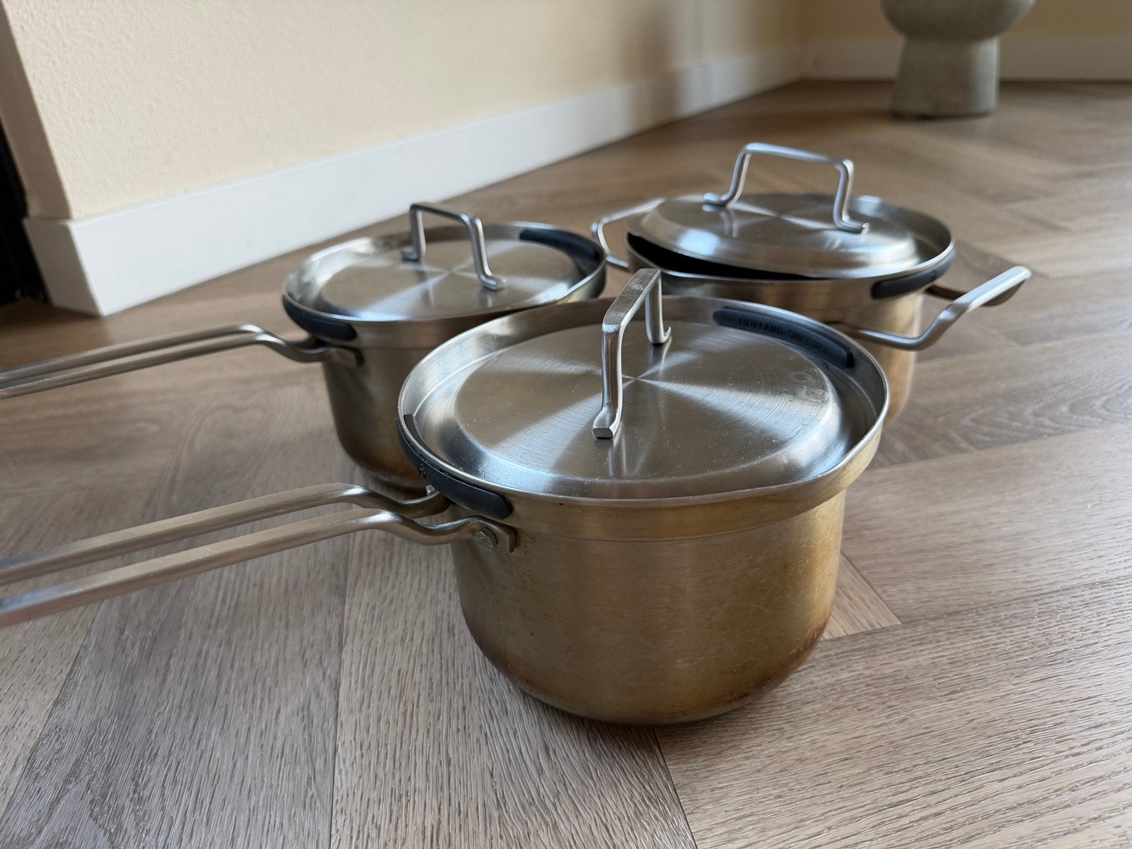 Pannenset RVS met deksels - BK pannen, Ophalen, Gebruikt, Met deksel, Pannenset