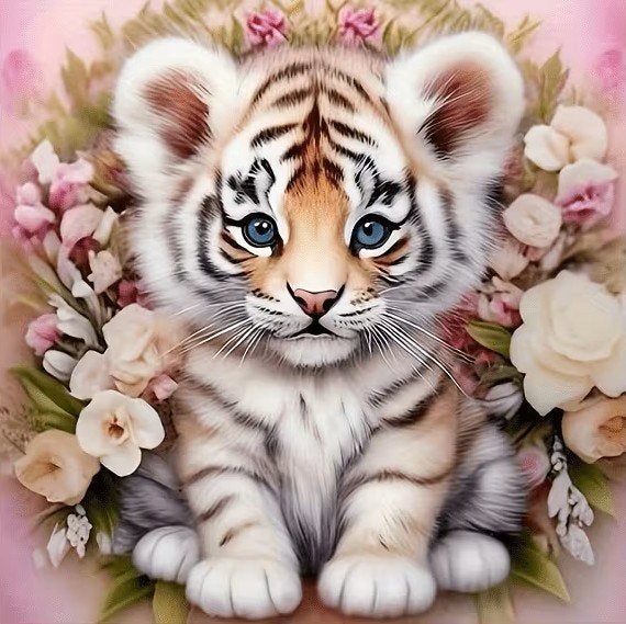 25x25cm Diamond painting tijger welpje bloemen nr 497, Verzenden, Nieuw, Dieren, Diamond painting