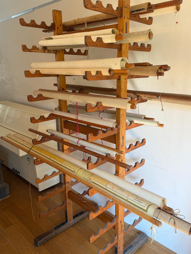 Groot vintage landkaarten/architectenrek industrieel display, Ophalen, Gebruikt, Bruin, Hout