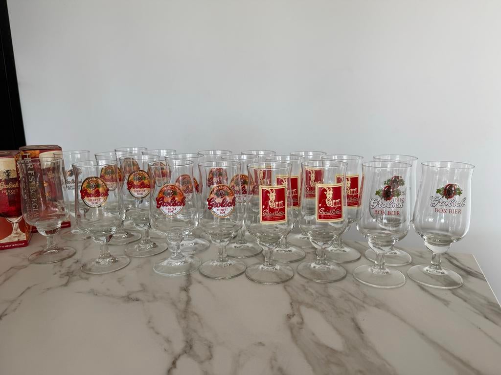 Grolsch Bokbier glazen 21 stuks, Ophalen of Verzenden, Gebruikt, Glas of Glazen, Grolsch