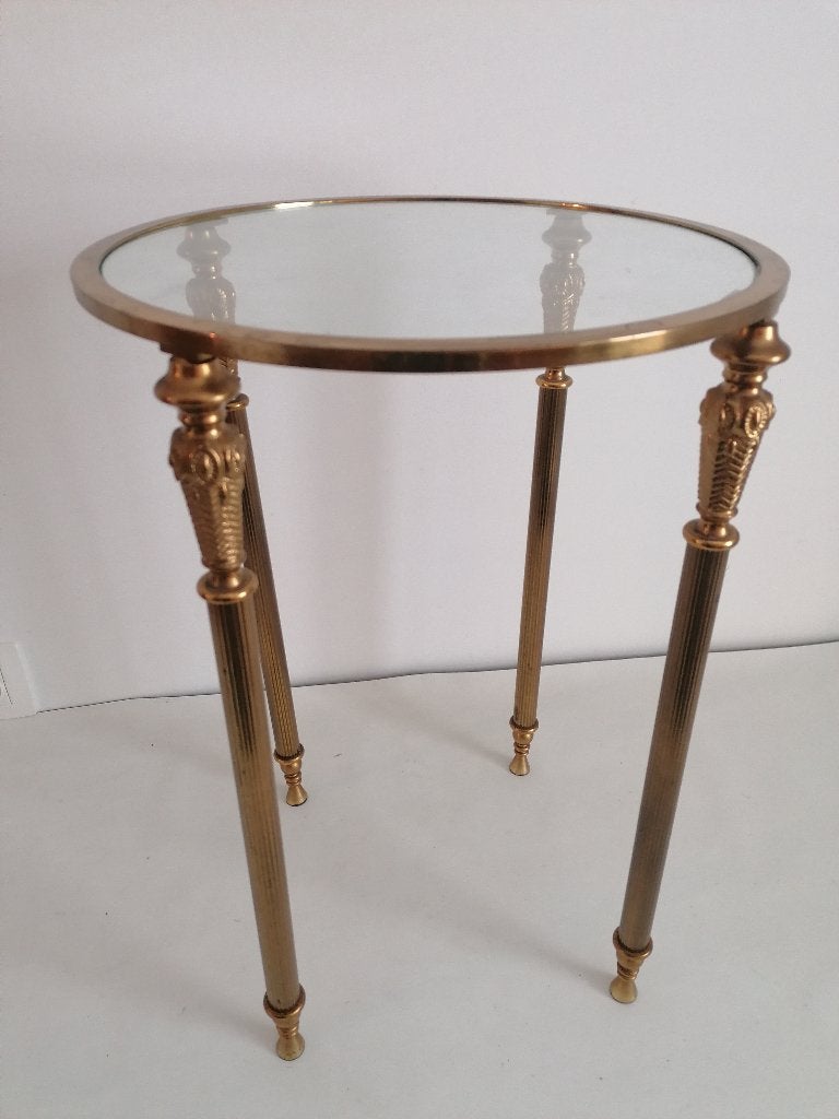 vintage bijzettafel goudkleurig met glazen blad izgst, Ophalen of Verzenden