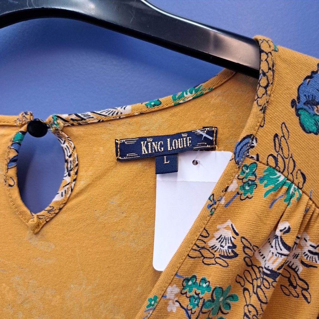 King Louie jurk geel Japanse print maat M/L – art 48498, ., Geel, Maat 42/44 (L), Ophalen of Verzenden
