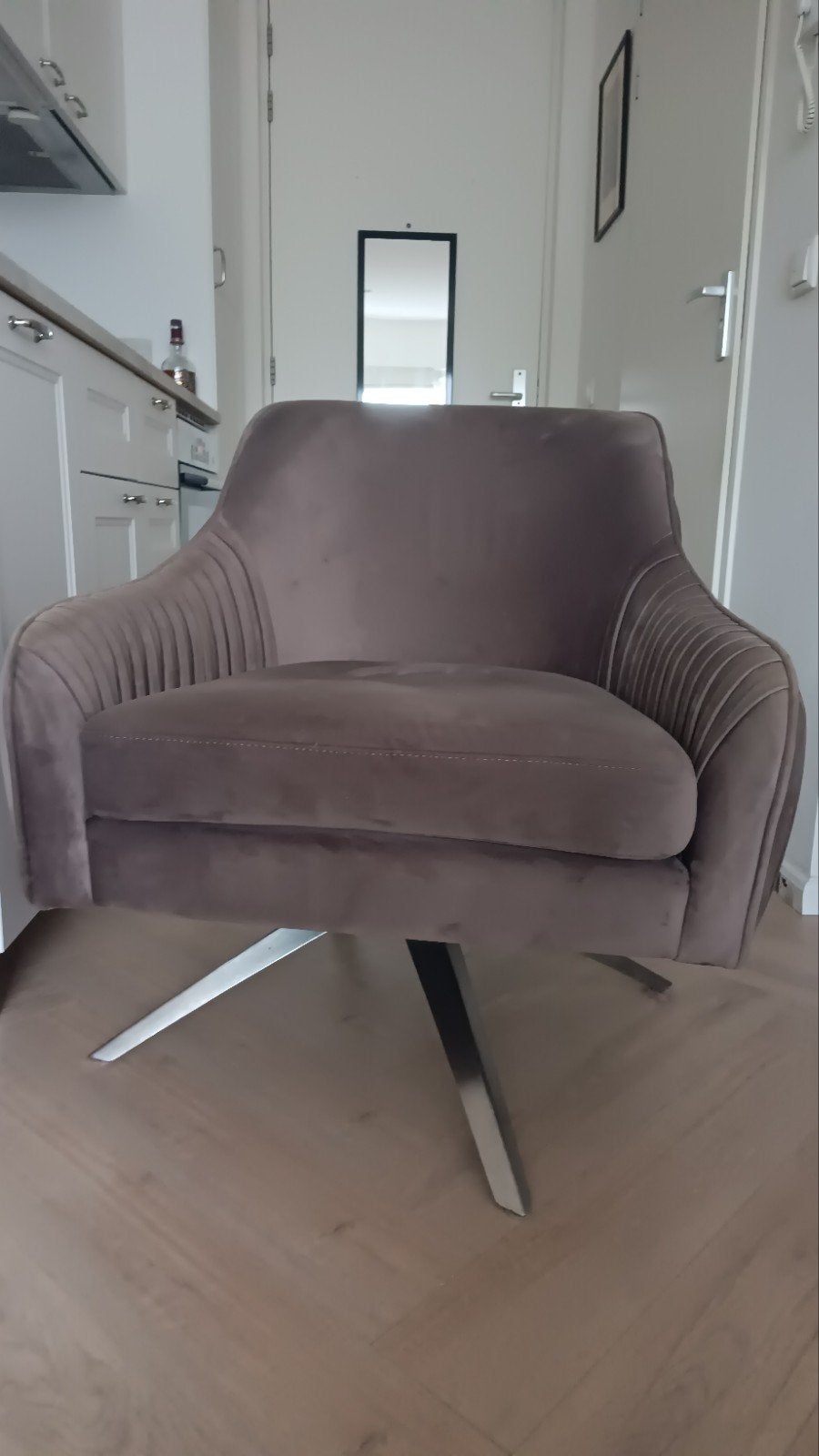 Fauteuil Driehoek Meubelen - draaibaar velour taupe, Ophalen, Overige kleuren, Zo goed als nieuw, Metaal