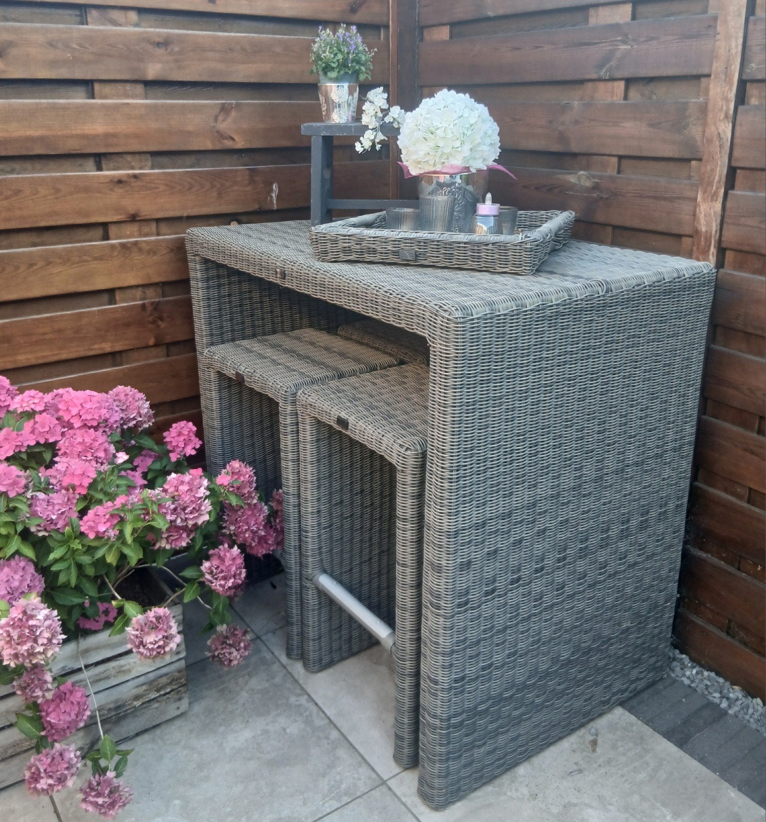 Tuin Barset met 4 krukken kleur grijs merk Bellagio, Ophalen, 4 zitplaatsen, Gebruikt, Wicker