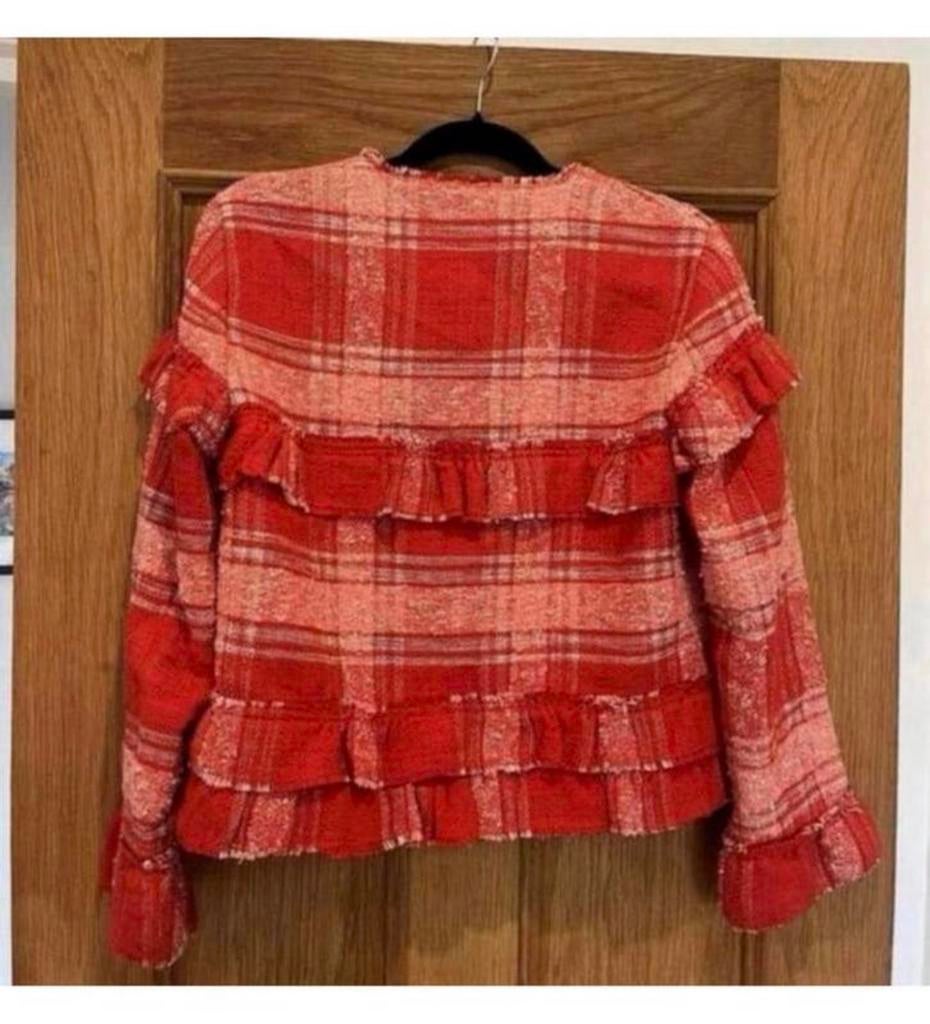 Zara Rood Geruit Freyed Zoom Gingham Blazer Jas Jack vest M, Maat 38/40 (M), Ophalen of Verzenden, Zo goed als nieuw, H