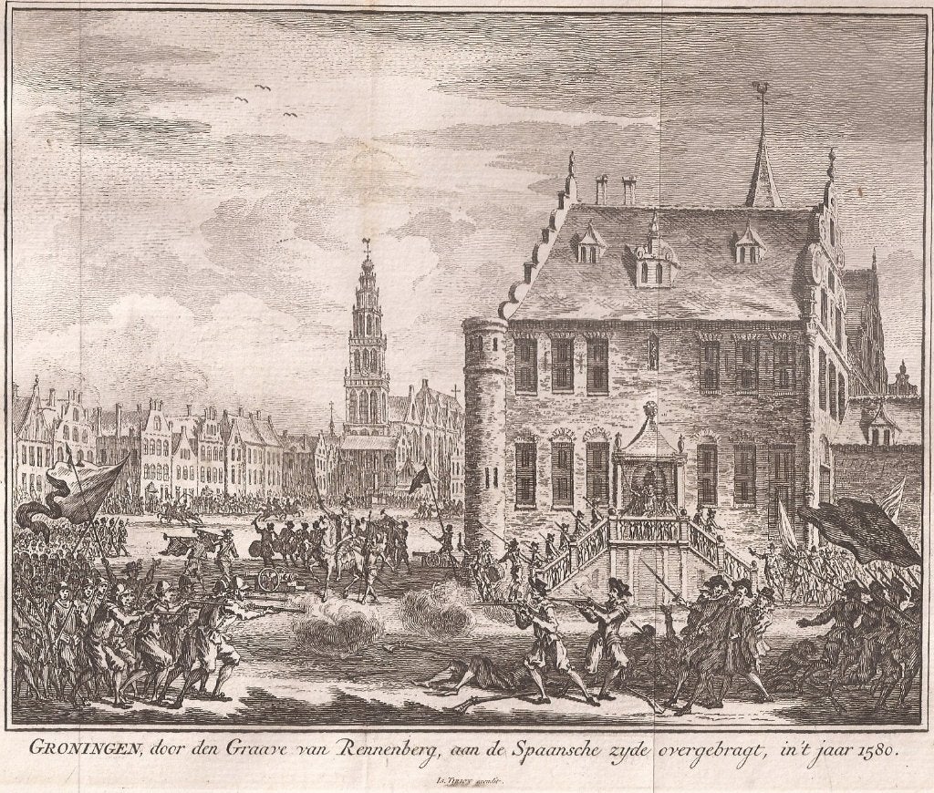 Groningen dor Rennenberg aan Spaansche zyde overgebragt 1580, Stadsgezicht, Ophalen of Verzenden, 16 cm, 16 cm
