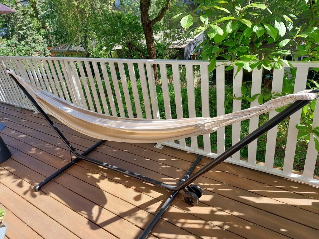 Hangmat met onderstel (Action) en katoenen hangmat, Tuin en Terras, Ophalen, Gebruikt, Met standaard, Eenpersoons