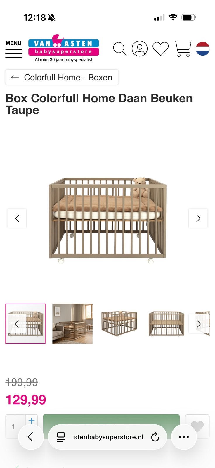 Box Daan Taupe incl. matras en Aerosleep topper, Ophalen, Zo goed als nieuw, Rechthoekig, In hoogte verstelbaar