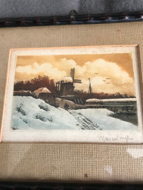Ets (ingekleurd) 'Winterlandschap', Ophalen of Verzenden