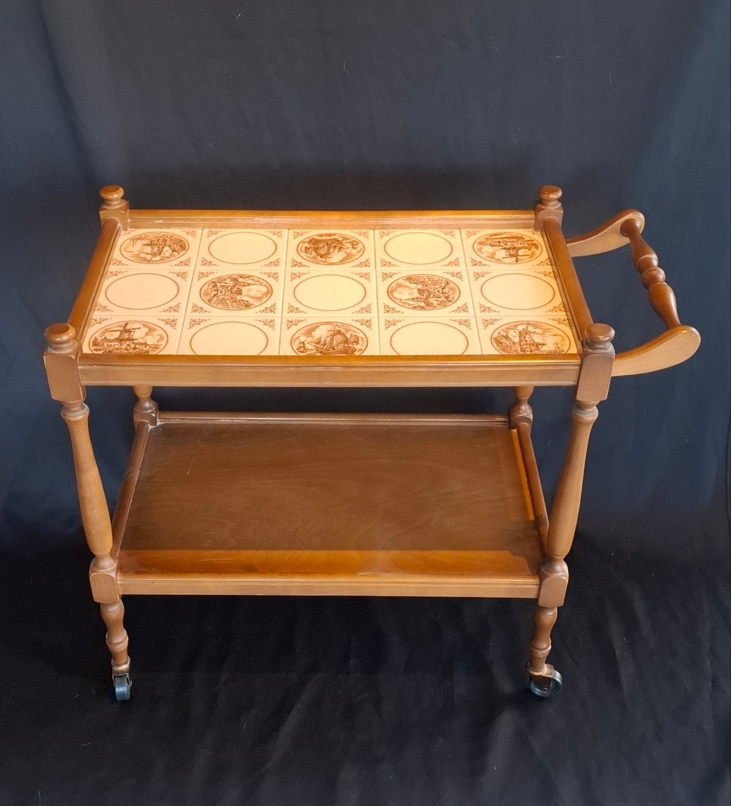 Vintage Houten Serveerwagen met Oud-Hollandse Tegels, Ophalen, Zo goed als nieuw