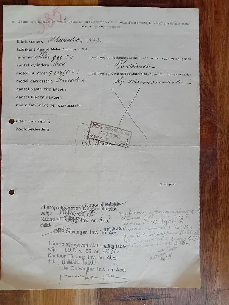 Invoerdocument Chevrolet 1940 - Hilvarenbeek, Ophalen of Verzenden, Gebruikt, Auto's