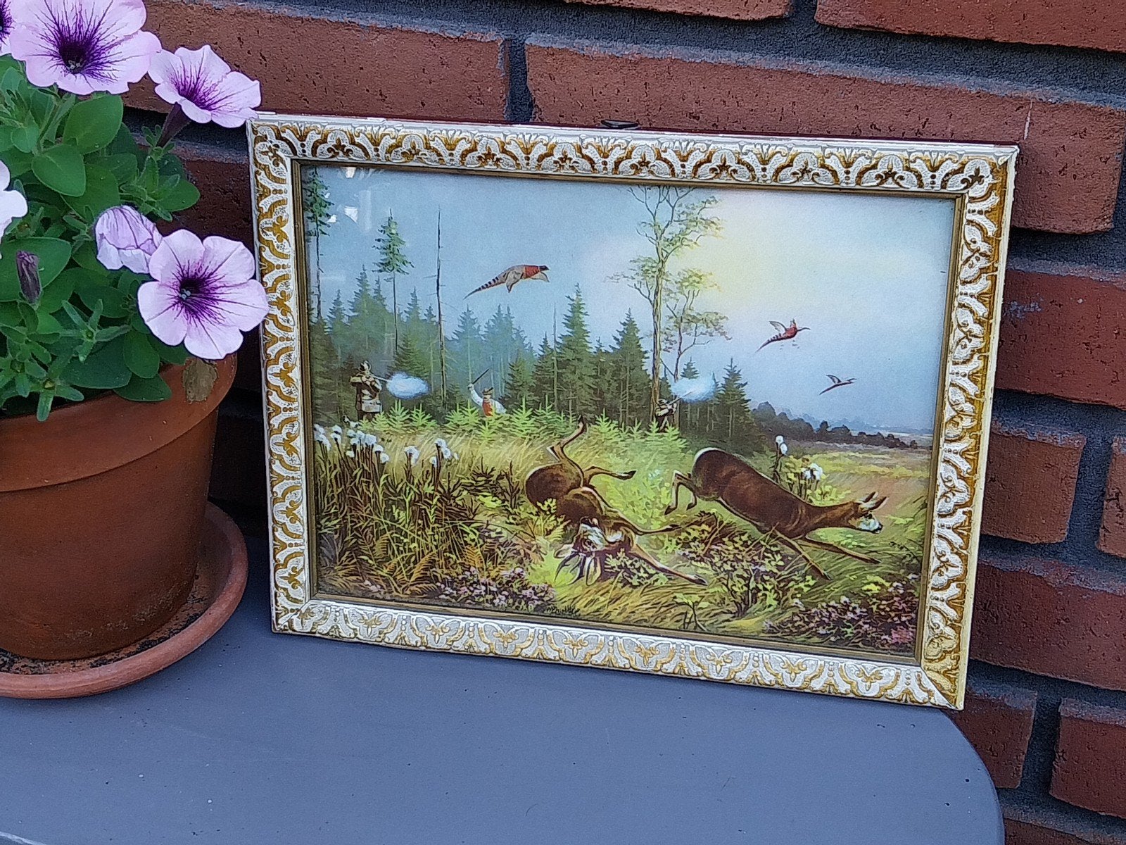 Vintage Jachttafereel Schilderij - Herten en Jagers, Ophalen of Verzenden