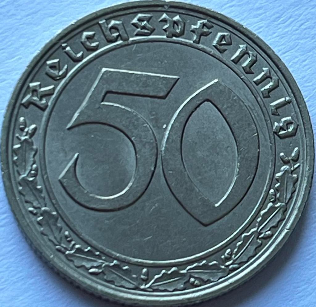 Derde Rijk schitterende 50 reichspfennig 1939F, Postzegels en Munten, Munten | Europa | Niet-Euromunten, Ophalen of Verzenden