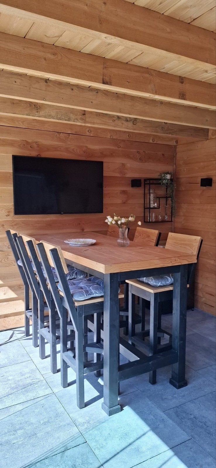 Douglas houten bartafel met 6 krukken, Ophalen, Zo goed als nieuw, Rechthoekig, Hout
