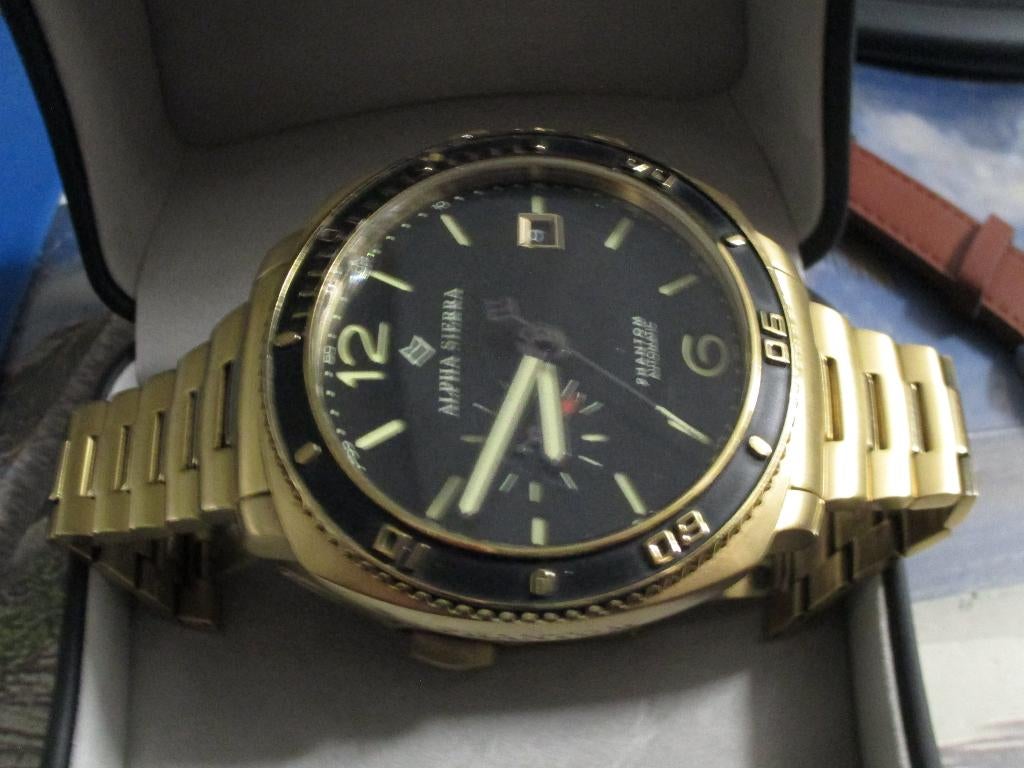 ALPHA SIERRA PHANTOM ORIGINEEL AUTOMAAT F4 G003 IN LUXE BOX., Overige merken, Staal, Polshorloge, Verguld
