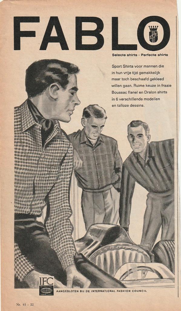 Retro reclame 1958 Fablo herenmode sport overhemden, Verzenden, Overige typen
