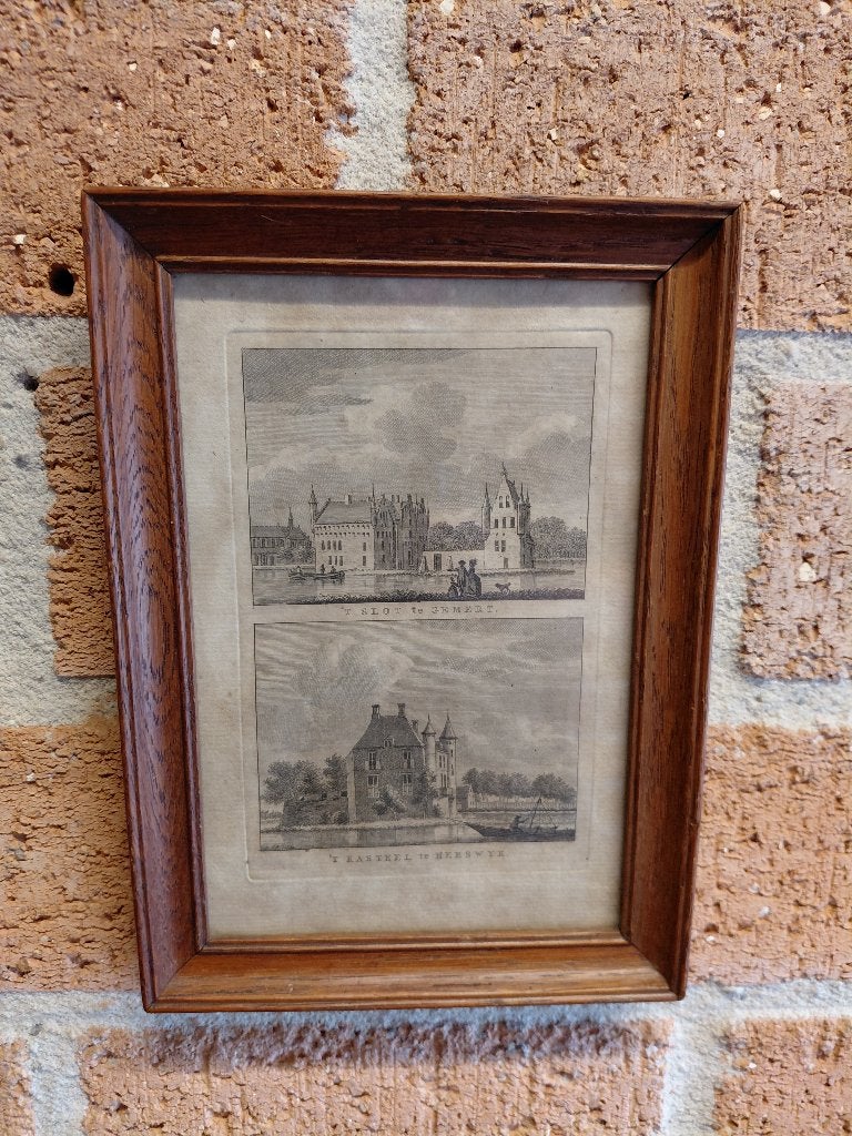 Antieke ets met 2 kastelen in eiken lijst., 17 cm, 24 cm, Ingelijst, 1700 - 1799