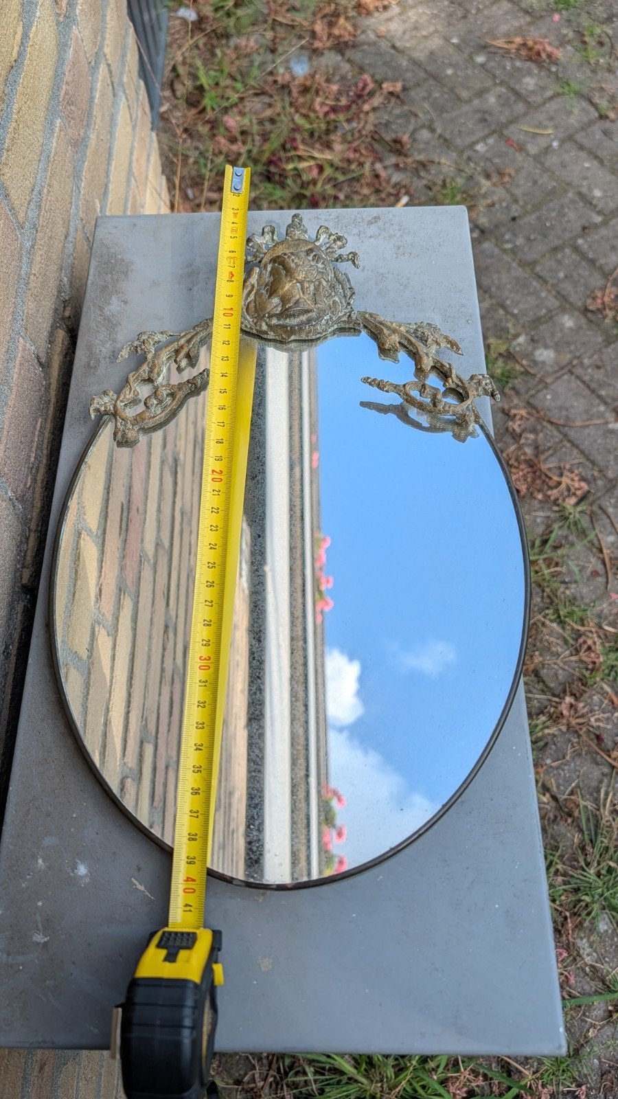 Antieke Brocante Spiegel met Koper Beslag - Ovaal, Ophalen of Verzenden, Ovaal, Minder dan 50 cm, Minder dan 100 cm