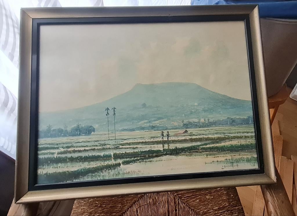 Schilderij van S. Djamihardja - Landschap met berg, Ophalen
