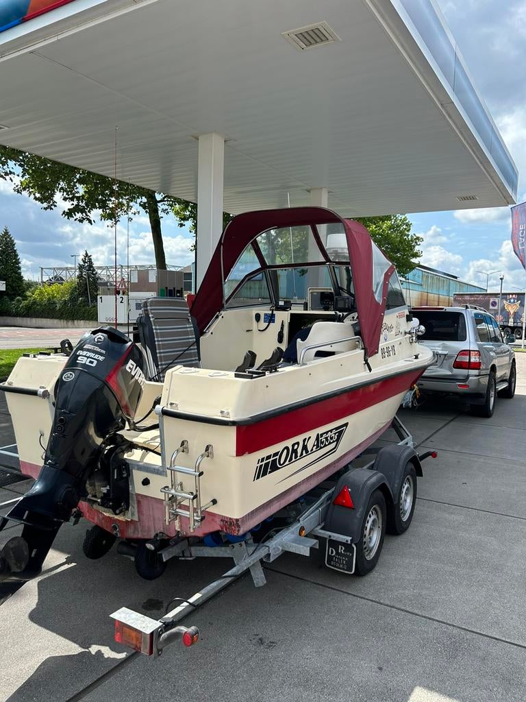 Orka 535s 90pk Evinrude,trailer en optionele Minkota, Ophalen, Gebruikt, 50 pk of meer, Snelvarend