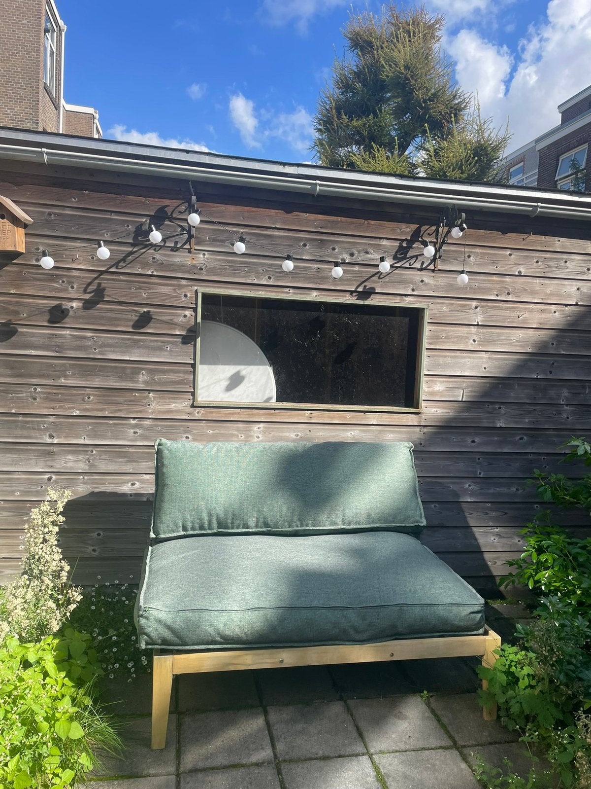 Tuinbankje met groene kussens, Ophalen, Zo goed als nieuw, Kunststof