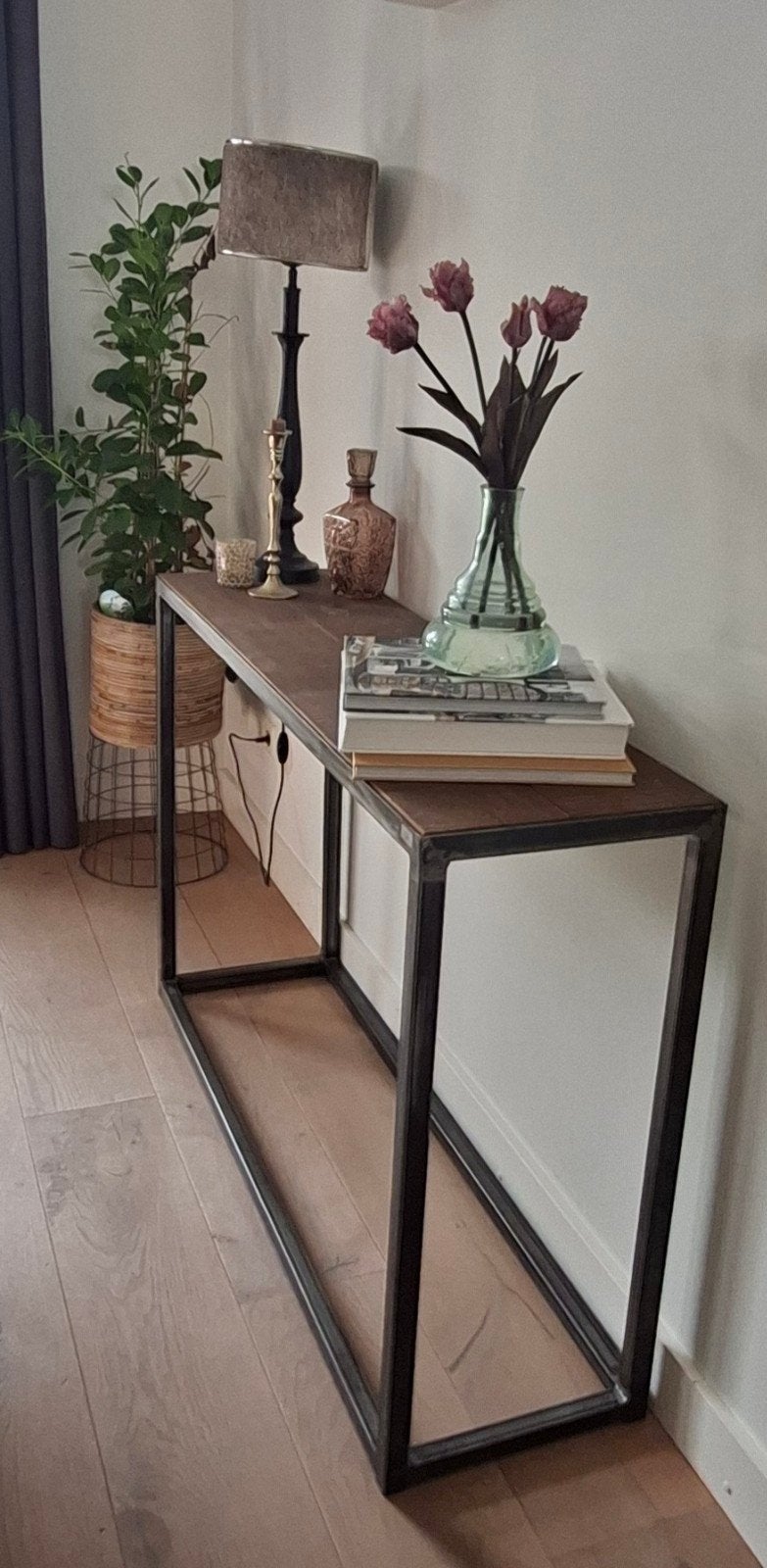 Sidetable/wandtafel van hout en metaal - 130x35 cm, Gebruikt, 100 tot 150 cm, Industrieel, Modern, Ophalen