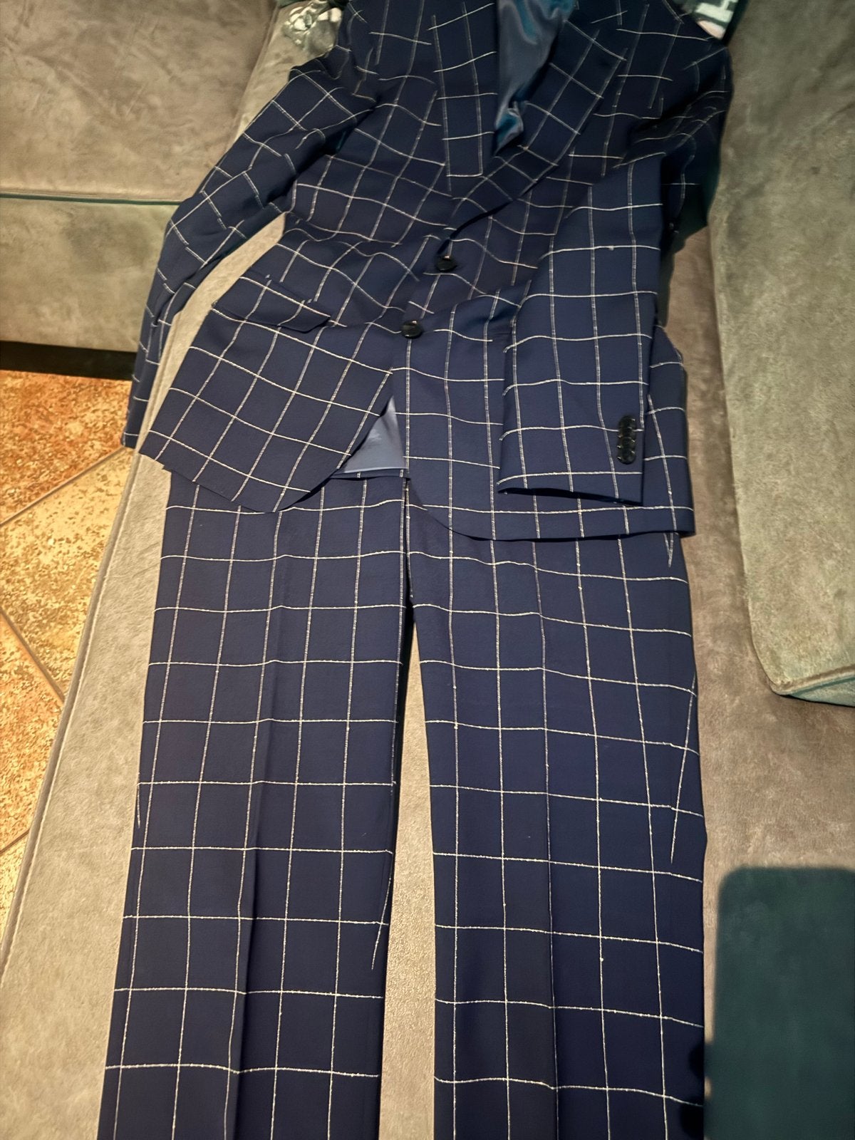 WE Fashion Heren Pak - Donkerblauw Ruit - Maat 44, Ophalen of Verzenden, Zo goed als nieuw, Maat 46 (S) of kleiner, Blauw