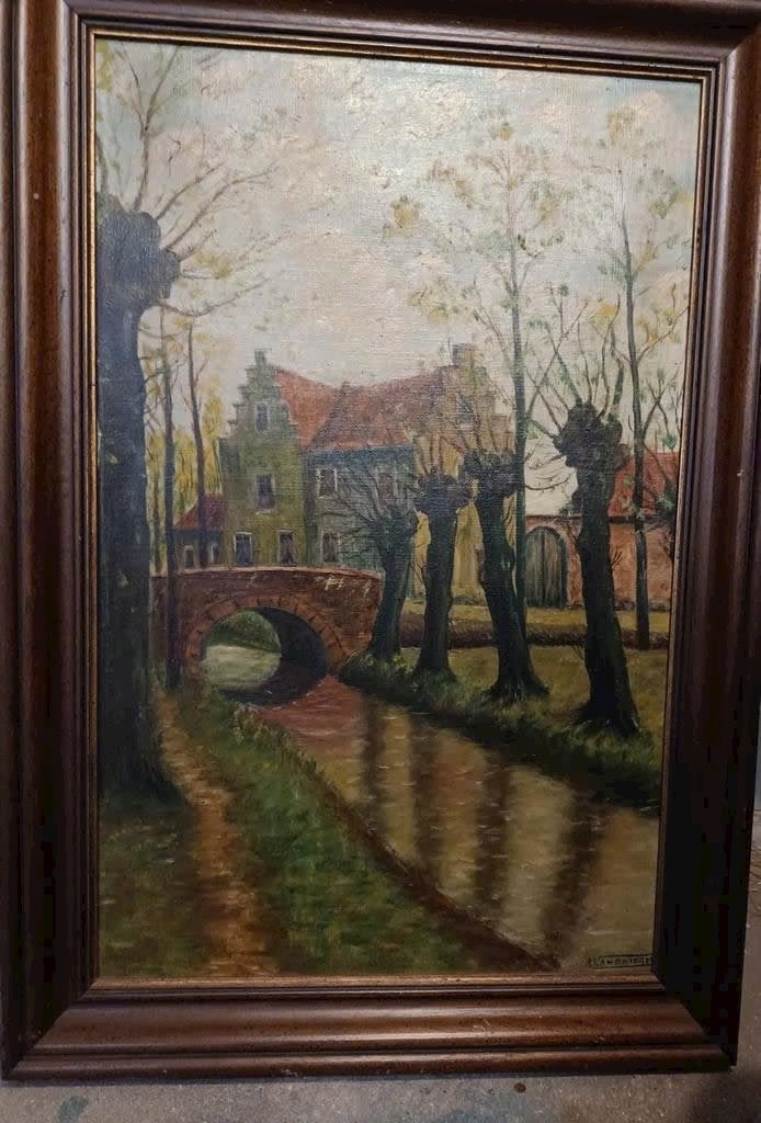 Schilderij R. van Diegem - Dorpsgezicht met brug, Doek, Ophalen of Verzenden, Gesigneerd, Landschap