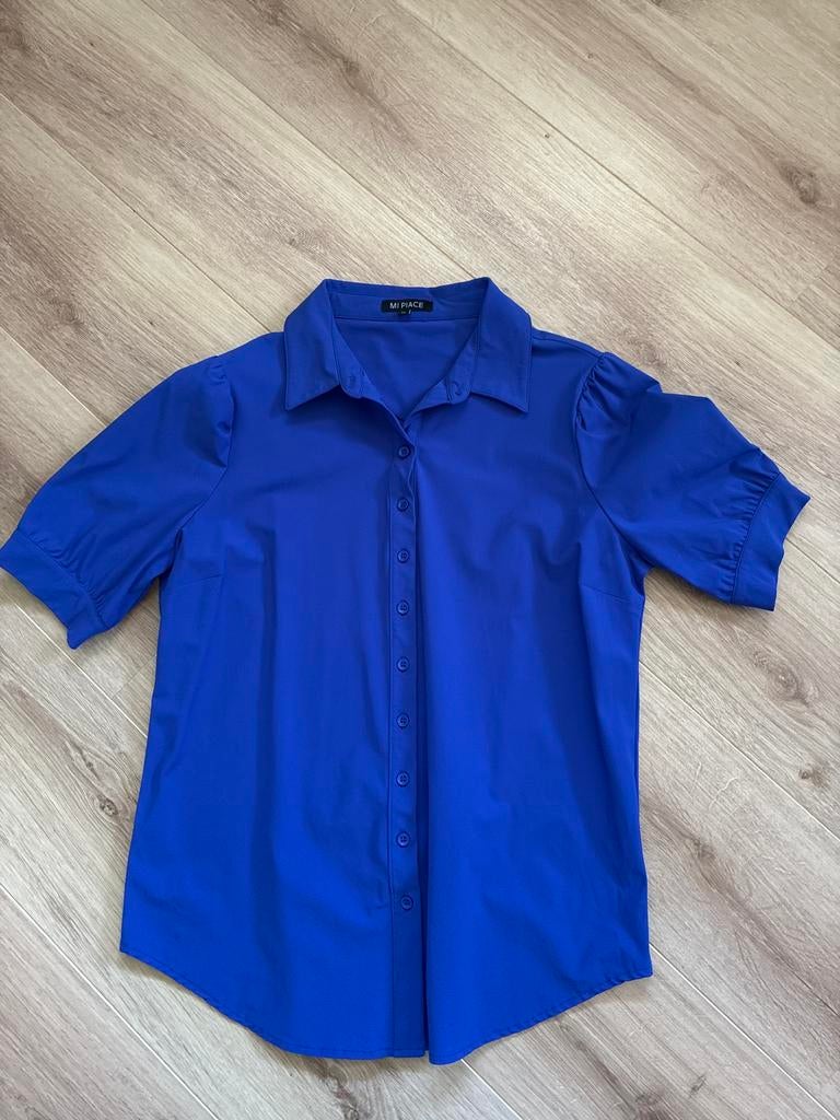 Blauwe blouse met korte pofmouwen - Maat XL, Ophalen of Verzenden, Zo goed als nieuw, Maat 46/48 (XL) of groter, Blauw